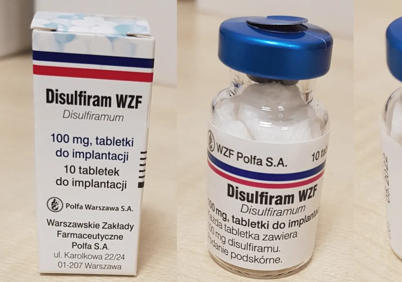 Wszywka alkoholowa Esperal / Disulfiram Gorzów Wielkopolski: fiolka disulfiramu obok opakowania leku